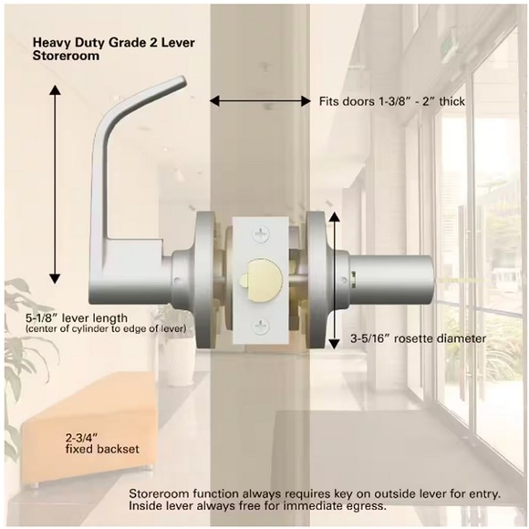 Commercial Keyed Curved Lever Cylindrical UL 3Hr Fire ANSI Grd 2, Satin Chrome - Picture 8 of 12